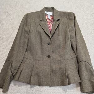 Vtg Liz Claiborne Classic Brown Wool Blend Blazer Peplum Cut Sz 8P Officecore